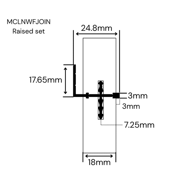Technical dimension diagram of an aluminium wall fix butt join labeled MCLNWFJOIN raised set joining two 18 mm panels