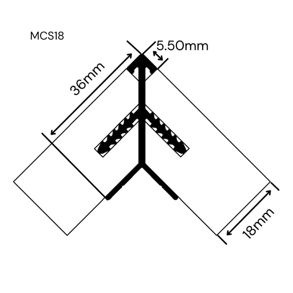 Technical drawing showing dimensions of MCS18 Square Head external corner panel join