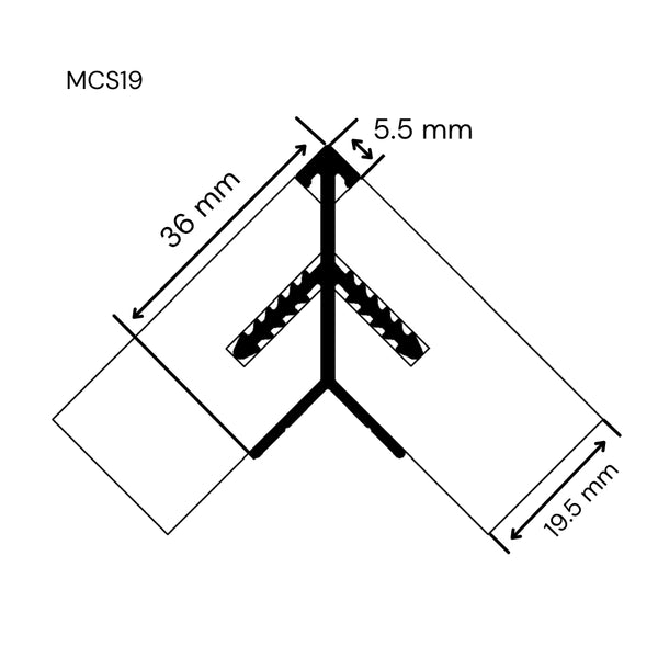 technical dimension drawing of a MCS19 external corner join for MDF 18mm laminate panels