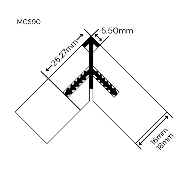 Black and white technical dimension diagram of an external corner joins for 18mm and 16mm panels labeled MCS90, showing measurements of 25.27mm, 16mm/18mm, 5.