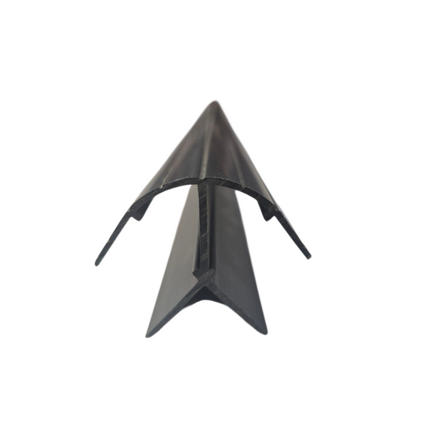 close up shot of a black Plankwall PVC 90 corner join profile RA18 for non mitred 18mm MDF panels on a whitebackground