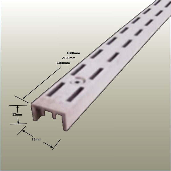 shown here is the measurement for double slotted wall channel in aluminium mill finish that supports metal shelving for retail displays