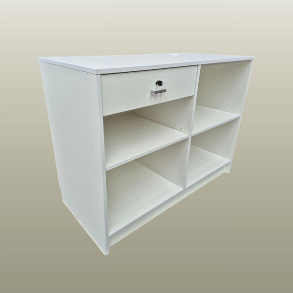 NZ made Retail Checkout Counter in white, with lockable drawer and shelves. back view 