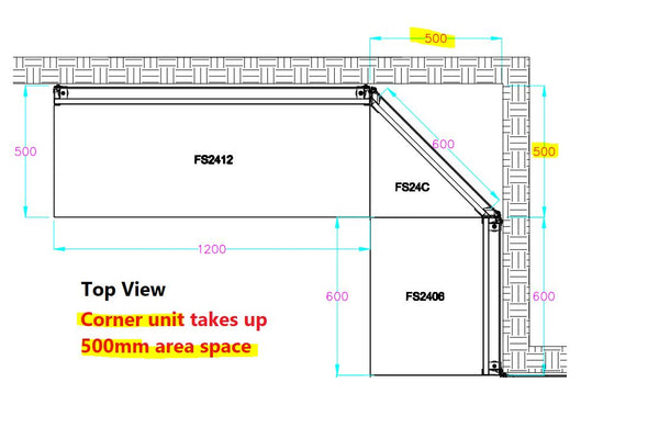 Technical drawing of a freestanding display corner unit with dimensions labeled