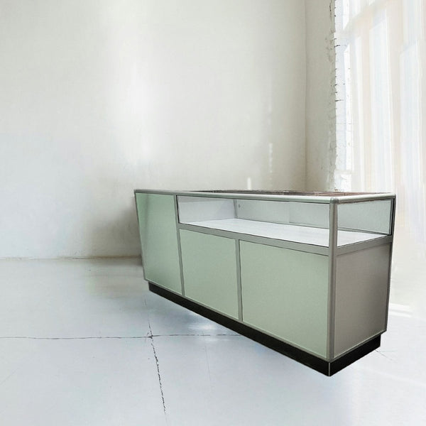 made in new zealand custom retail counter in bestwood colour and glass showcase