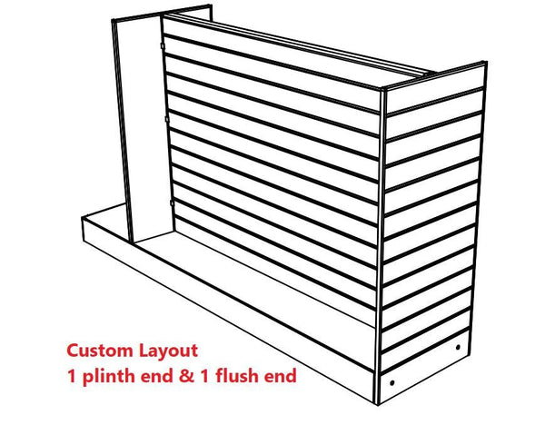 diagram of a retail double slatwall display with one flushed end and a plinth floor retail area on the other end.