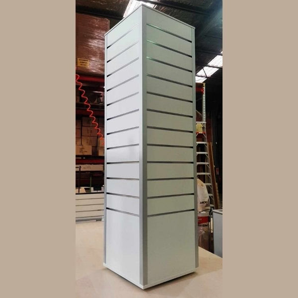 Plankwall rotating box display slatwall stand in white is perfect for display information and products