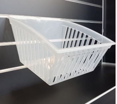 Plankwall Cratebox clear tilted slatwall container front view on slatwall pane