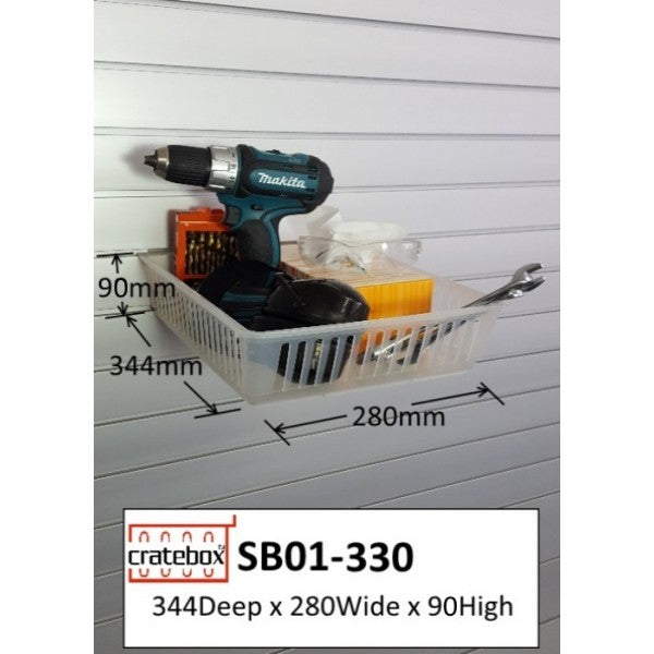 Slatwall cratebox tray display container holding tools and equipment.