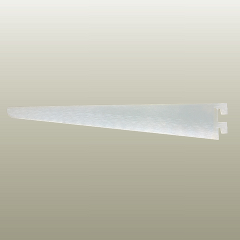 Plankwall slimline slotted shelf bracket installed in slatwall and slotted wall channel systems, supporting clean, professional retail and commercial shelving displays.
