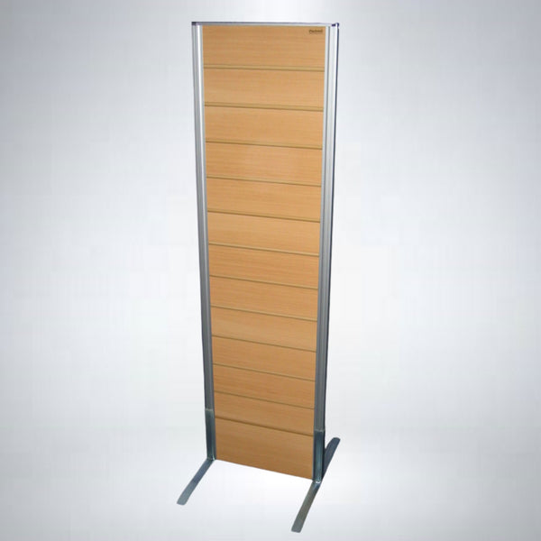 Two-sided slatwall display panel - free standing in a wood finish on a silver background