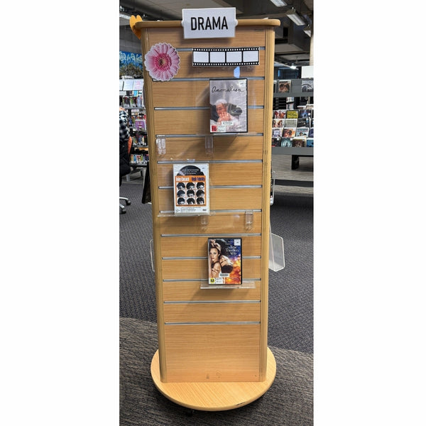 Plankwall 3 sided triangular free standing displays in Tawa in library displaying DVDs