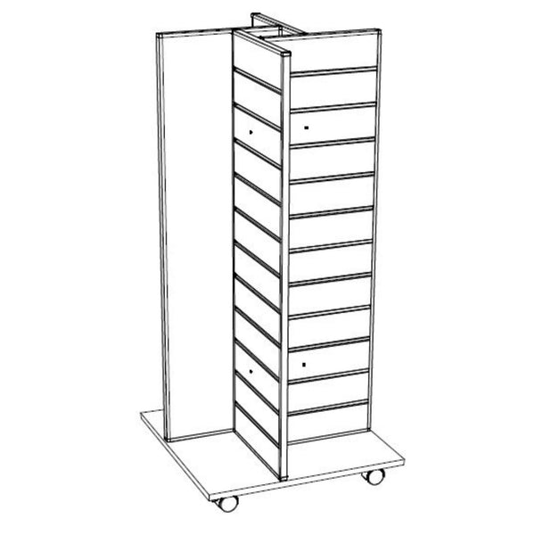 Line drawing of a tall Plankwall freestanding four-sided display unit with slatwall panels on all sides, equipped with castor wheels for mobility.