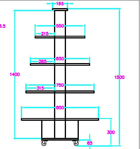 illustration showing dimensions and measurements for the Plankwall 5 tier floor display unit