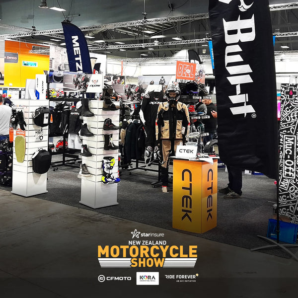 Motorcycle gear display at the New Zealand Motorcycle Show with various brands and products display on two Plankwall Box Tower Display Stands in foreground