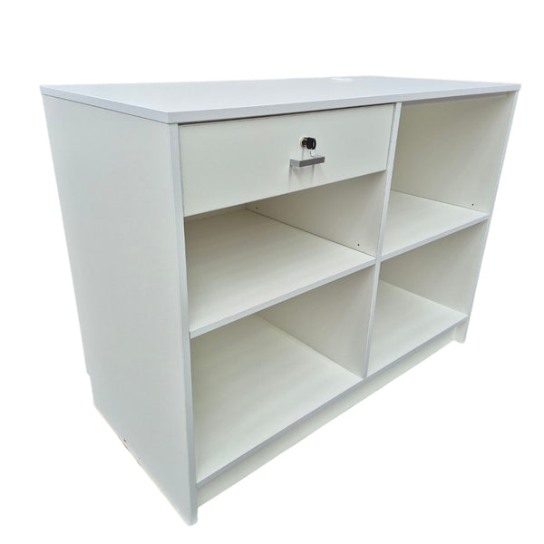 Plankwall cashier desk retail counter in white, lockable drawer and shelves. back view  - cut out