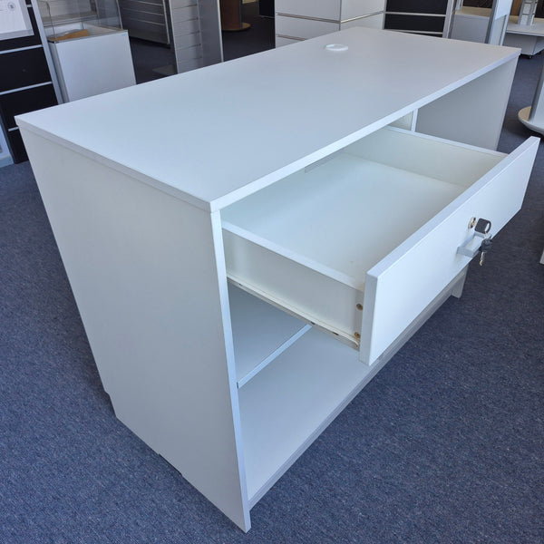 Back view of Plankwall Cashier Desk/ countertop in office with drawer shown open. White with aluminium edging.