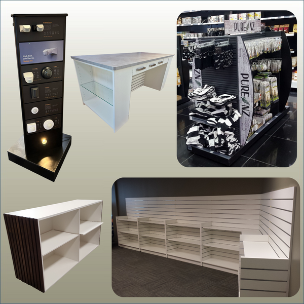 Collage of various retail display fixtures and shelving units.