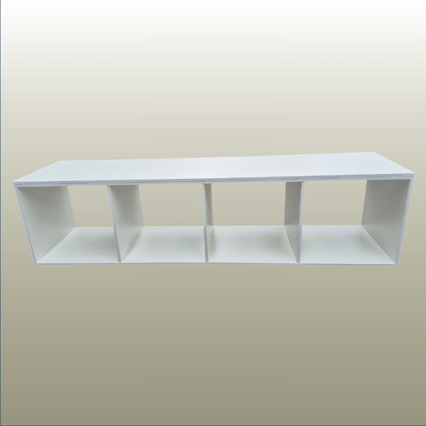 Plankwall white shelf with three open storage cubes on a beige background