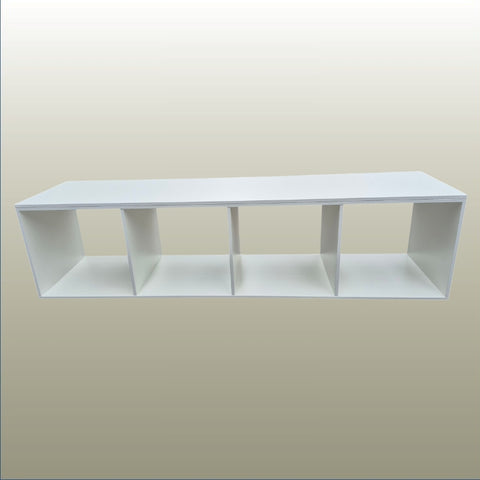 Plankwall white shelf with three open storage cubes on a beige background