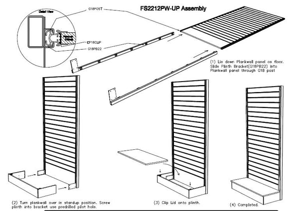 Instructions for assembly of the Plankwall FS2212PW slatwall free-standing display wall
