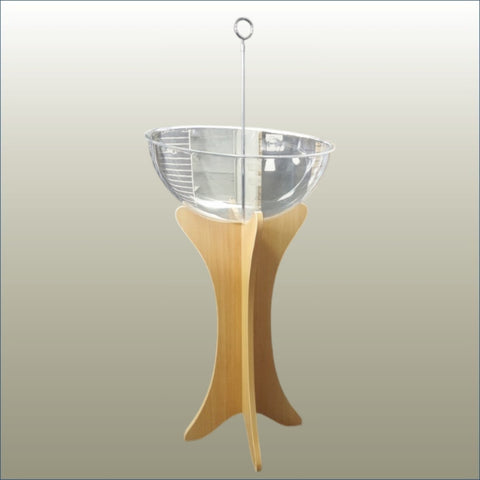 Plankwall acrylic fishbowl display stand   - Clear glass bowl on a wooden stand against a plain background
