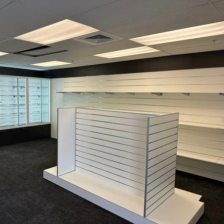 white Plankwall G60 Gondola in showroom with no stock