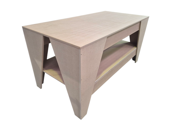 Wooden MDF workbench with a shelf on a white background