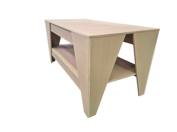 Wooden MDF work desk with a shelf on a white background