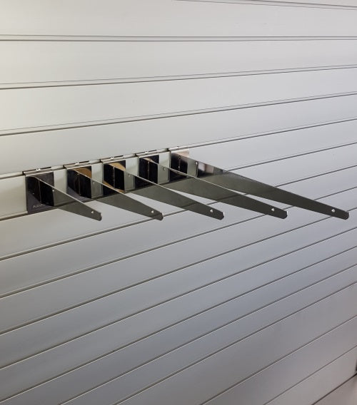 Plankwall Chromed metal shelf brackets for attaching shelves and other accessories to Plankwall slatwall retail displays