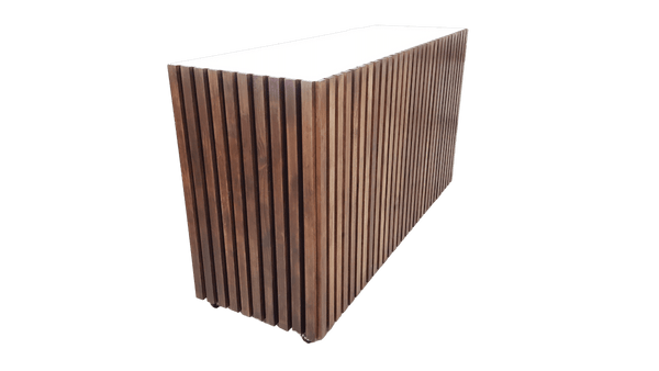 Plankwall retail counter  with slatted wood facade and white top on a white background