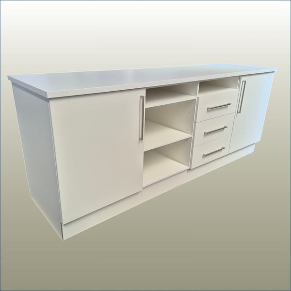 large Plankwall retail counter back with shelves, drawers and cabinets on a white background