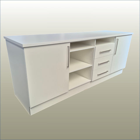 large Plankwall retail counter back with shelves, drawers and cabinets on a white background
