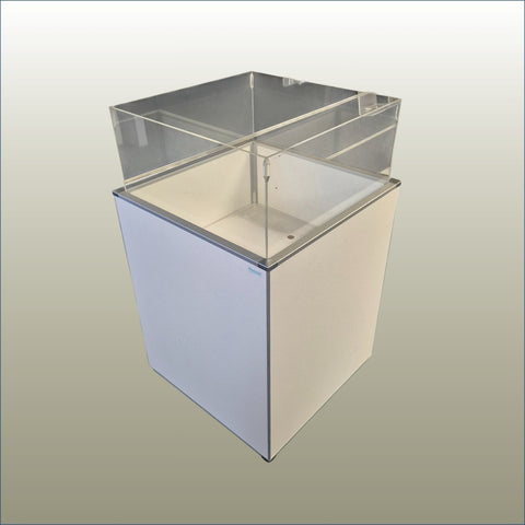Plankwall retail display bin with clear acrylic top on a gold background