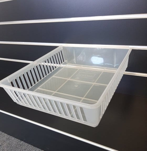 Slatbox Cratebox display tray container side view showing slatted sides