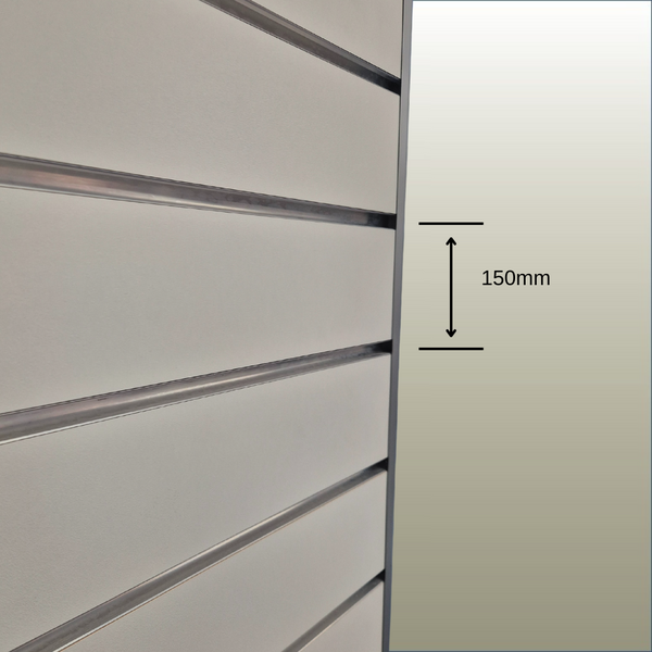Close up of Plankwall 150mm pitch slatwall panel showing width measurement between grooves on a gold background