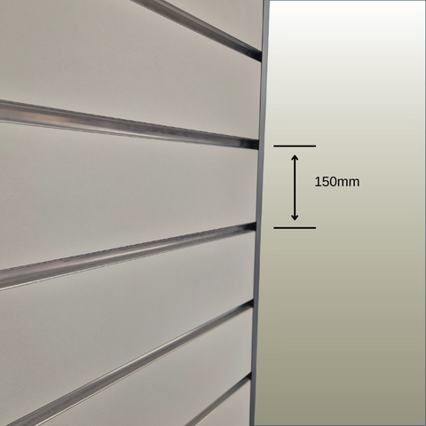 Close up of Plankwall 150mm pitch slatwall panel showing width measurement between grooves on a gold background