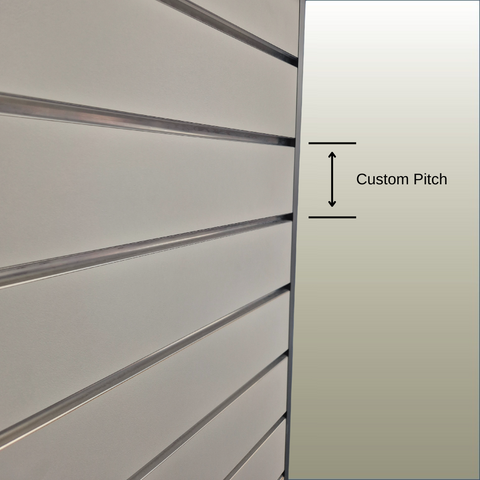 Close-up view of custom pitch slatwall panels showing the grooved texture with a label indicating 'Custom Pitch'.