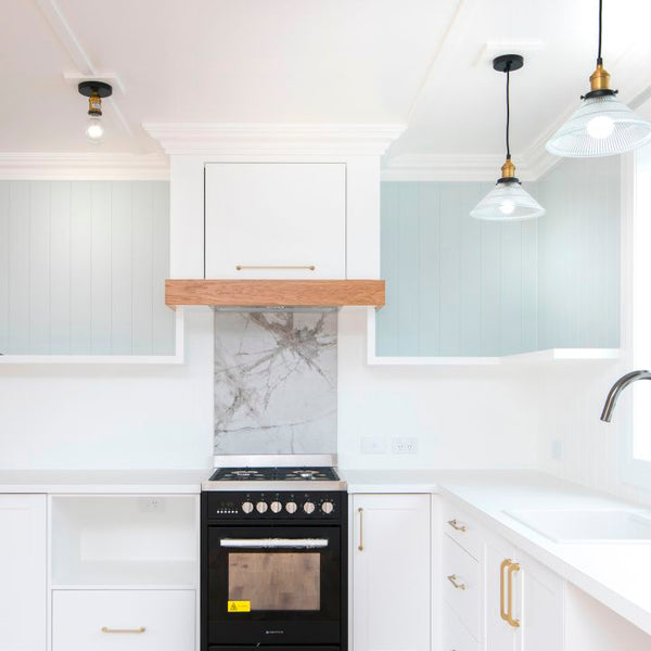 Plankwall V Groove 150mm kitchen feature wall painted duck egg blue in white kitchen