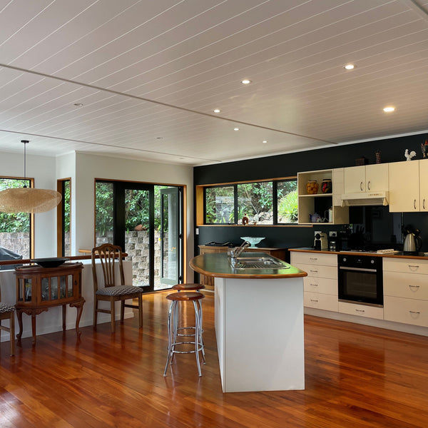Plankwall V Groove 150mm grooved ceiling painted white - waiheke kitchen