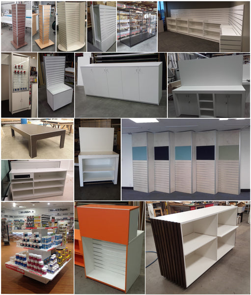 Collage of various retail display fixtures and shelving units in different settings.
