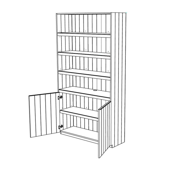 Illustration of a Plankwall tall display cabinet with 3 shelves and two open doors on a white background