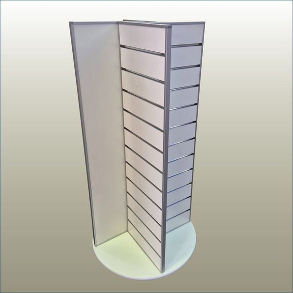 Plankwall freestanding four sided slatwall retail display and merchandising unit on a gold background