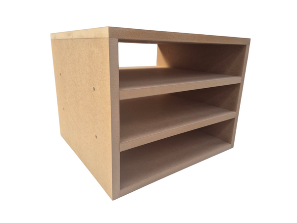 Plankwall Open Display Cube with shelves in raw MDF on a white background