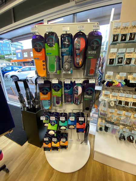 White Plankwall rotating Slatwall Retail display stand displaying pharmacy products in retail