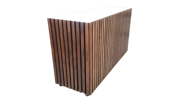 Plankwall retail counter  with slatted wood facade and white top on a white background