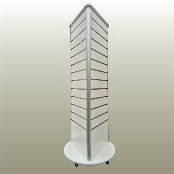 A white three sided slatwall retail display stand on a round wheeled base, shown against a neutral gradient background.
