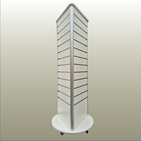 A white three sided slatwall retail display stand on a round wheeled base, shown against a neutral gradient background.