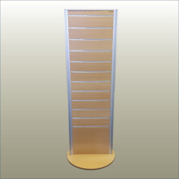 Plankwall two-sided display stand 495W in Tawa wood grain on a gold background