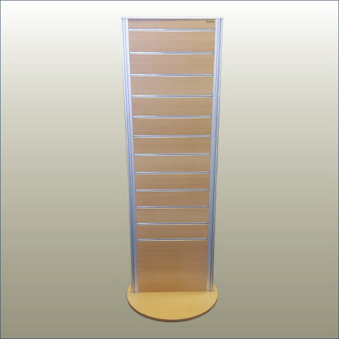 Plankwall two-sided display stand 495W in Tawa wood grain on a gold background